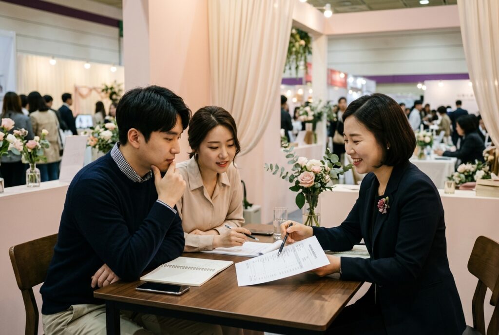 웨딩박람회 상담 부스에서 견적 상담받는 예비부부